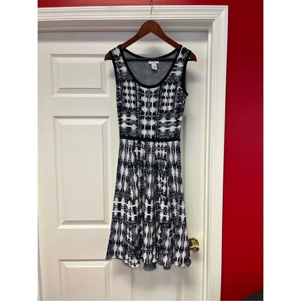 Carmen Marc Valvo Navy & White Print Full Skirt Sleeveless Knit Dress sz XS EUC